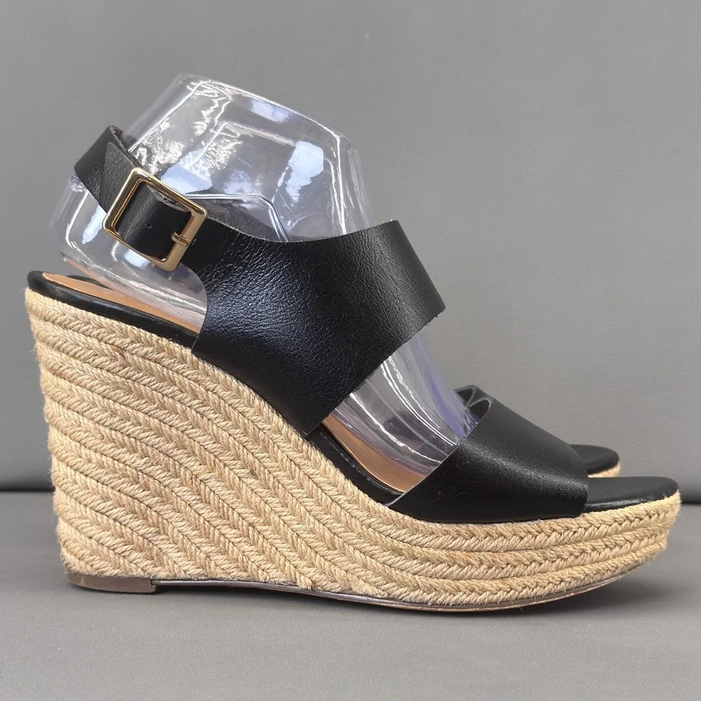 J.Crew Black Faux Leather Espadrille Wedge‎ High Heel Sandals 9M